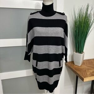 Tory Burch Merino Wool Knit Tunic Sweater Dress SZ XSmall Black Grey Stripes EUC
